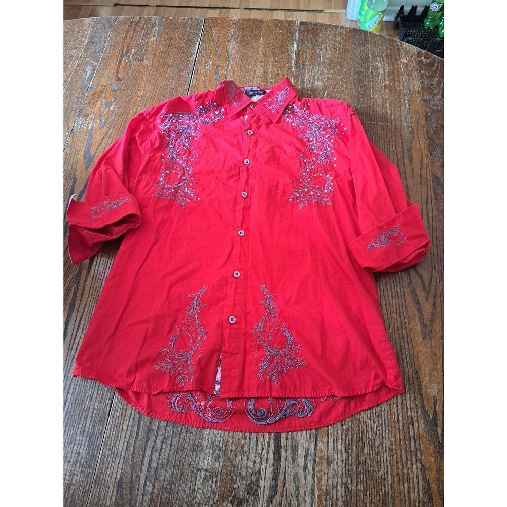 New Large Danesi Jeans Red Grey Embellished Western Hispanic Streetwear Shirt